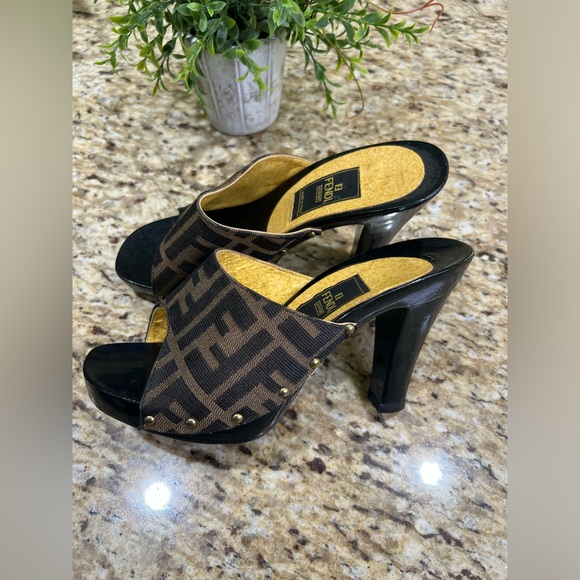 FENDI Zucca Wooden Clogs w/ Gold Studs Sandals 36 - Picture 2 of 10